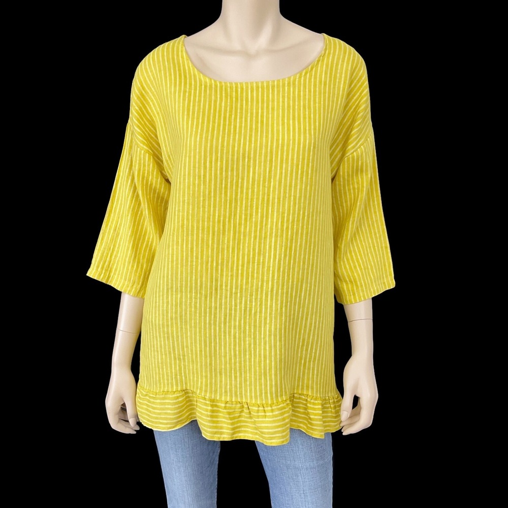 Lungo Larco Shirt Womens Large Linen Tunic Green Stripe Ruffle 3/4 Sleeve NWT